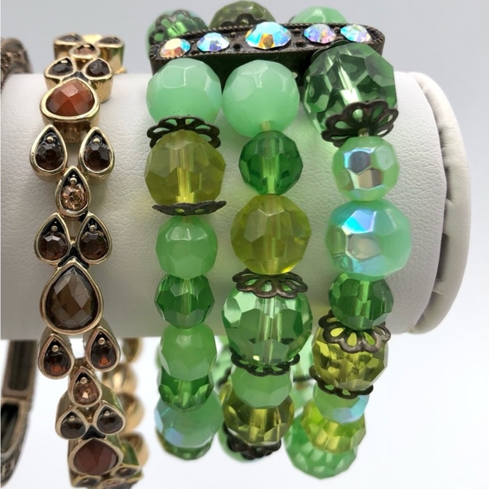 🌸3/$25 Vintage Triple Strand Green Beaded Rhinestone Stretch Bracelet Faceted - Picture 6 of 16